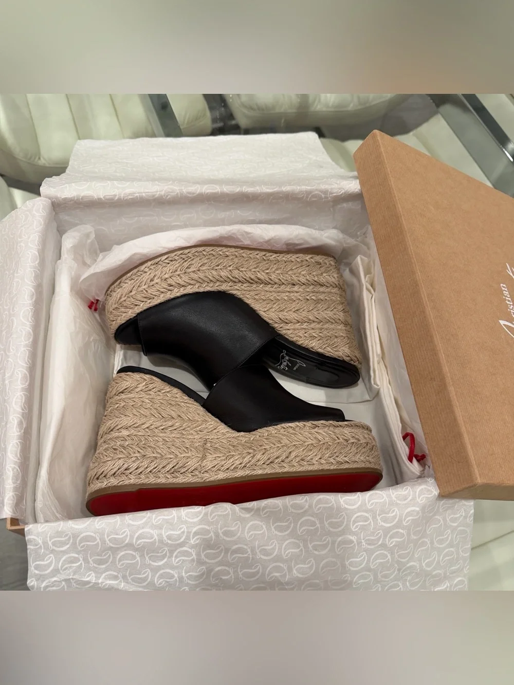 Christian Louboutin Black Leather Espadrille Wedge Sandals with Red Sole